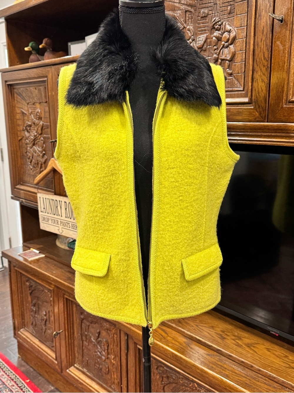 Wool Blend Sleeveless Coat Vest with Faux Fur Collar - Lime Green